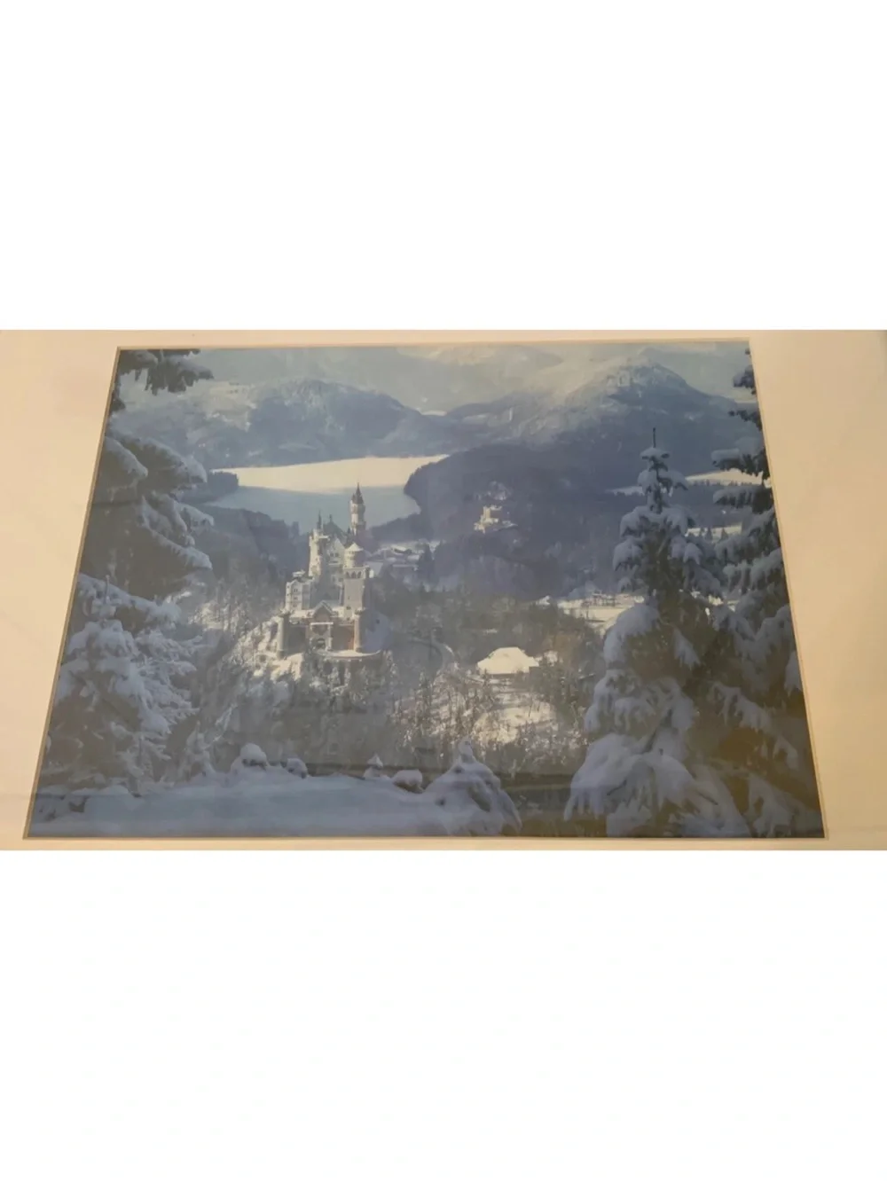 Vintage Neuschwanstein Castle Print Framed Snow